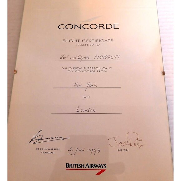 British Airways Concorde Flight Certificate Hand signed Captain 1993 NY London - Picture 2 of 6